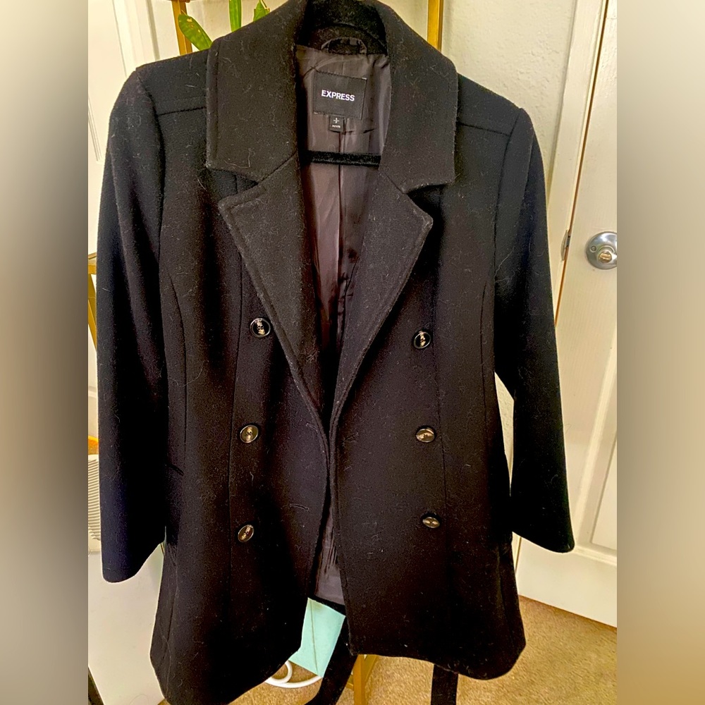 Express Black Belted Wool Trench Coat